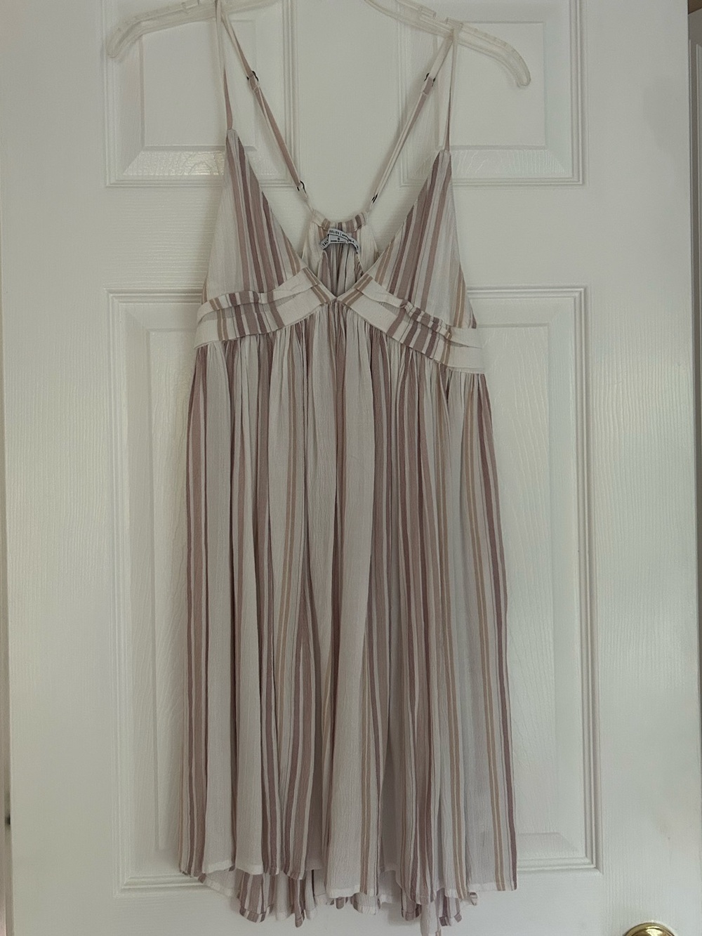 O'Neill Striped Pleated Spaghetti-Strap Dress in Beige and Cream